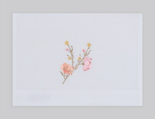 Flower blossom embroidered linen guest towel in light pink thread. 100% European linen, set of 4, 12x20 inches.
