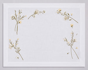 White linen placemat and napkin set embroidered with ivory flowers, 100% European linen, handcrafted by Plein Soleil.