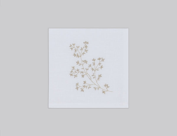 White linen cocktail napkin set embroidered with gold spring branches, 100% European linen, handcrafted by Plein Soleil.