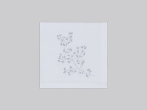 White linen cocktail napkin set embroidered with silver spring branches, 100% European linen, handcrafted by Plein Soleil.