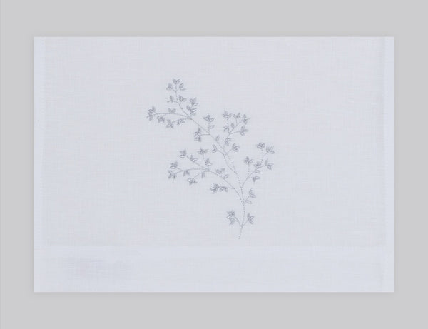 Spring Branches embroidered linen guest towel in silver thread. 100% European linen, set of 4, 12x20 inches