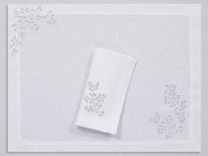 White linen placemat and napkin set embroidered with silver spring branches, 100% European linen, handcrafted by Plein Soleil.