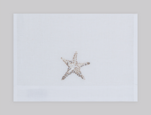 Starfish embroidered linen guest towel in ivory thread. 100% European linen, set of 4, 12x20 inches.