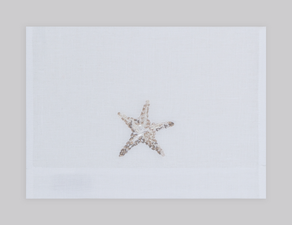 Starfish embroidered linen guest towel in ivory thread. 100% European linen, set of 4, 12x20 inches.