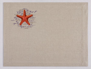 Natural beige linen placemat and napkin set embroidered with orange starfish and poem, 100% European linen, handcrafted by Plein Soleil.