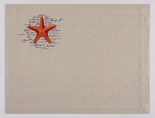 Natural beige linen placemat and napkin set embroidered with orange starfish and poem, 100% European linen, handcrafted by Plein Soleil.