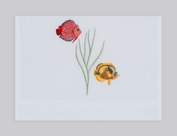 Tropic Fish embroidered linen guest towel in colorful thread. 100% European linen, set of 4, 12x20 inches.