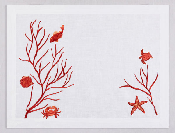 White linen placemat and napkin set embroidered with red fish and corals, 100% European linen, handcrafted by Plein Soleil.