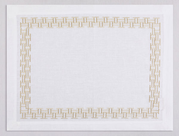 White linen placemat and napkin set embroidered with gold versa geometric border, 100% European linen, handcrafted by Plein Soleil.