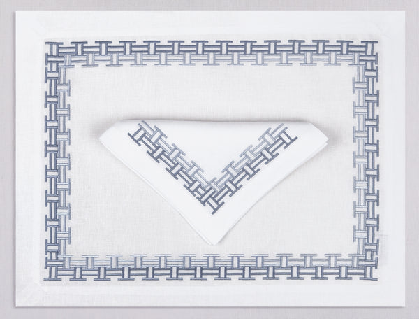 White linen placemat and napkin set embroidered with gray versa geometric border, 100% European linen, handcrafted by Plein Soleil.
