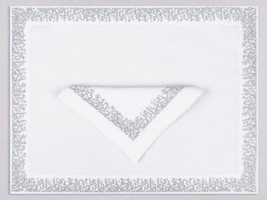 White rectangle linen placemat and napkin set embroidered with silver waterfall motif border, 100% European linen, handcrafted by Plein Soleil.