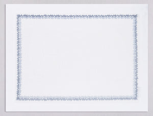 White linen placemat and napkin set embroidered with gray zig zag motif border, 100% European linen, handcrafted by Plein Soleil.