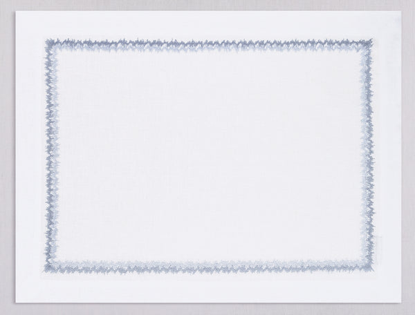 White linen placemat and napkin set embroidered with gray zig zag motif border, 100% European linen, handcrafted by Plein Soleil.