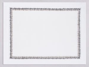White linen placemat and napkin set embroidered with taupe zig zag motif border, 100% European linen, handcrafted by Plein Soleil.