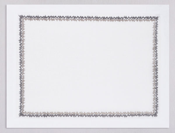 White linen placemat and napkin set embroidered with taupe zig zag motif border, 100% European linen, handcrafted by Plein Soleil.